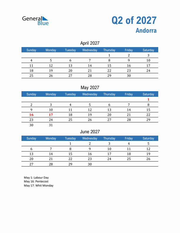 Andorra Q2 2027 Quarterly Calendar with Sunday Start