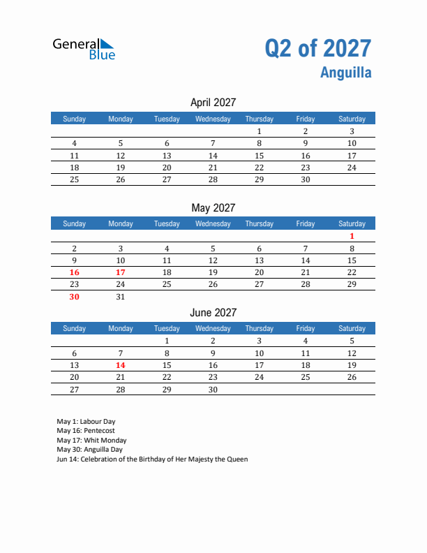 Anguilla Q2 2027 Quarterly Calendar with Sunday Start