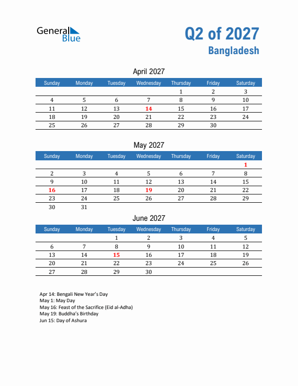 Bangladesh Q2 2027 Quarterly Calendar with Sunday Start