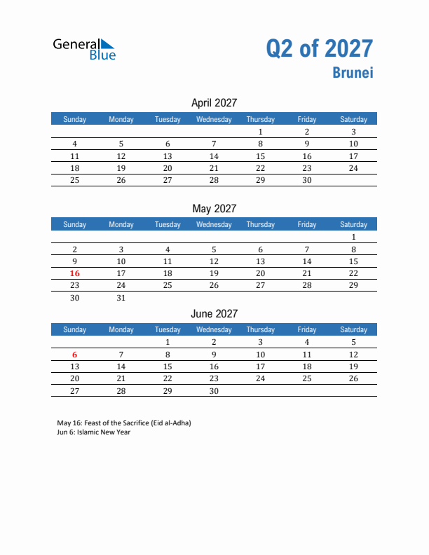 Brunei Q2 2027 Quarterly Calendar with Sunday Start