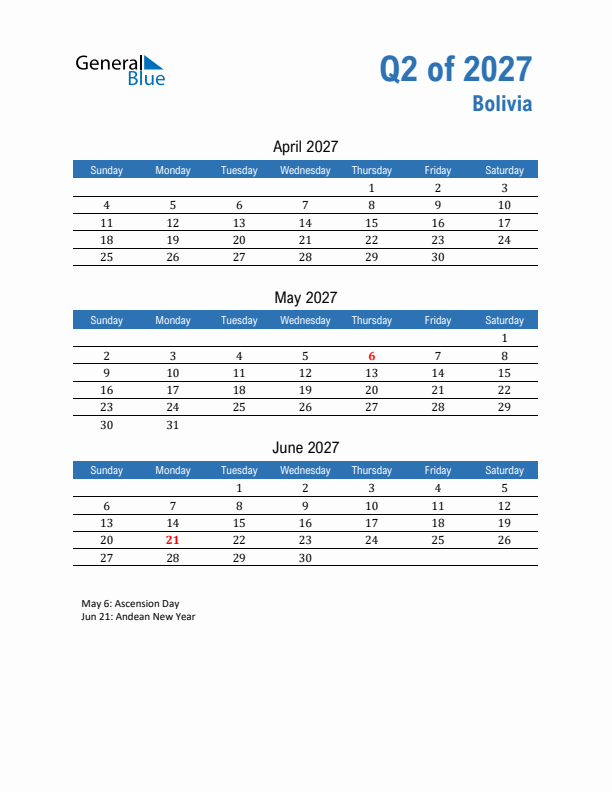 Bolivia Q2 2027 Quarterly Calendar with Sunday Start