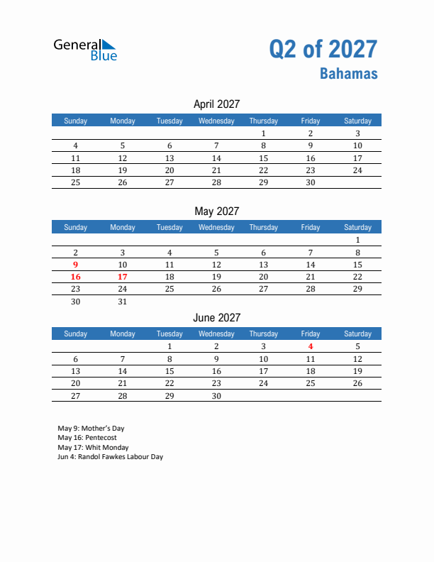 Bahamas Q2 2027 Quarterly Calendar with Sunday Start