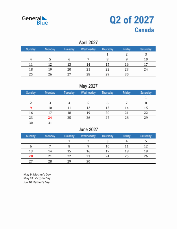 Canada Q2 2027 Quarterly Calendar with Sunday Start