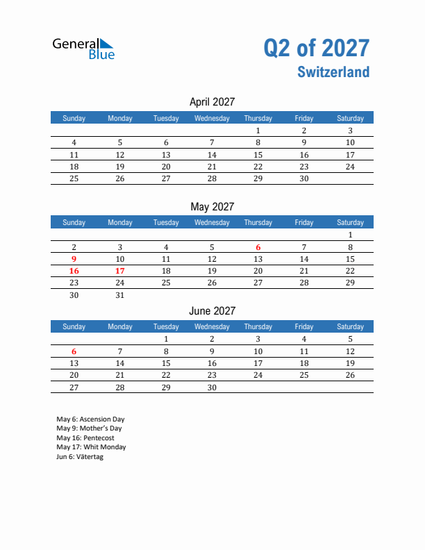 Switzerland Q2 2027 Quarterly Calendar with Sunday Start