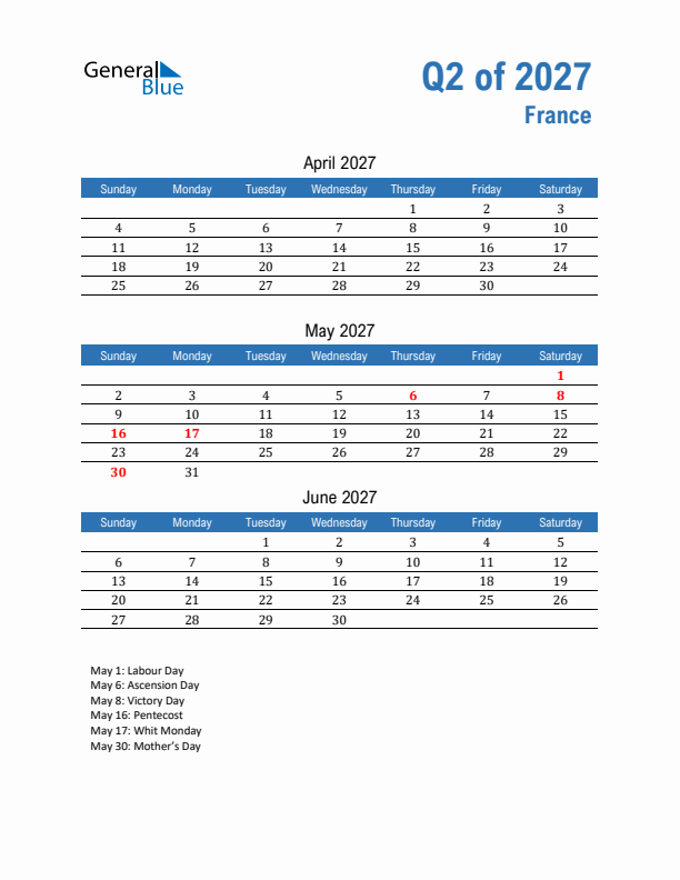 France Q2 2027 Quarterly Calendar with Sunday Start