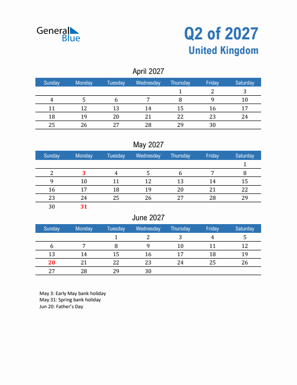 United Kingdom Q2 2027 Quarterly Calendar with Sunday Start