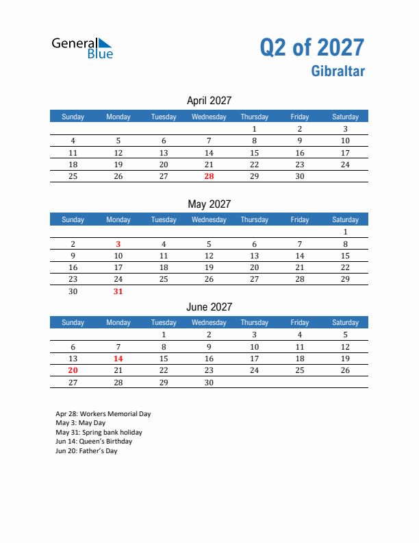 Gibraltar Q2 2027 Quarterly Calendar with Sunday Start