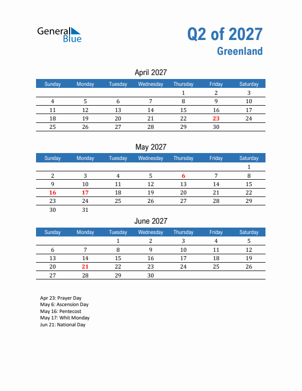 Greenland Q2 2027 Quarterly Calendar with Sunday Start