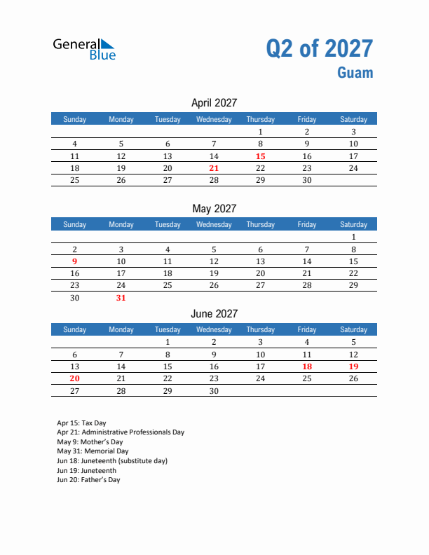 Guam Q2 2027 Quarterly Calendar with Sunday Start