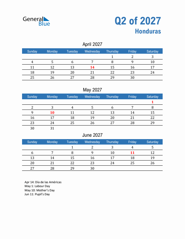 Honduras Q2 2027 Quarterly Calendar with Sunday Start