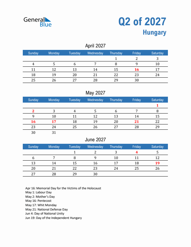 Hungary Q2 2027 Quarterly Calendar with Sunday Start