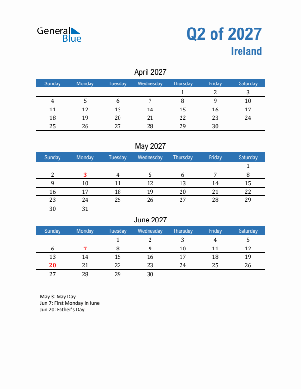 Ireland Q2 2027 Quarterly Calendar with Sunday Start