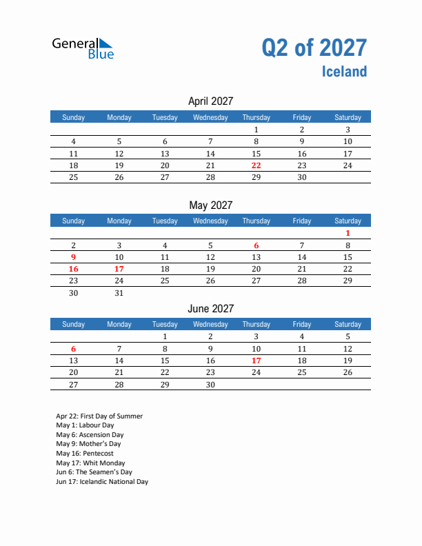 Iceland Q2 2027 Quarterly Calendar with Sunday Start