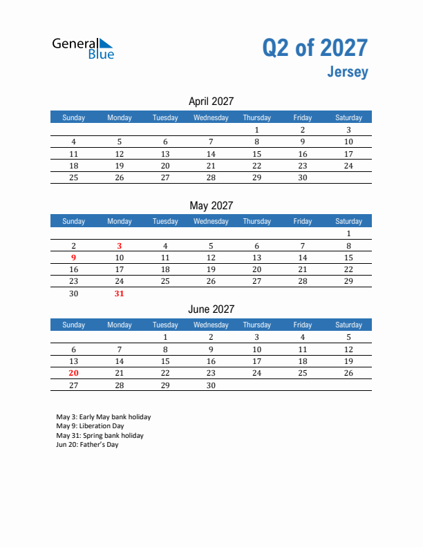 Jersey Q2 2027 Quarterly Calendar with Sunday Start