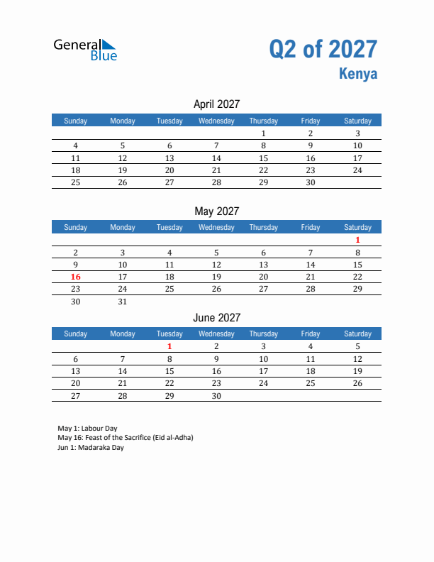 Kenya Q2 2027 Quarterly Calendar with Sunday Start