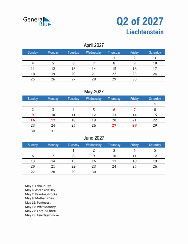 Liechtenstein Q2 2027 Quarterly Calendar with Sunday Start