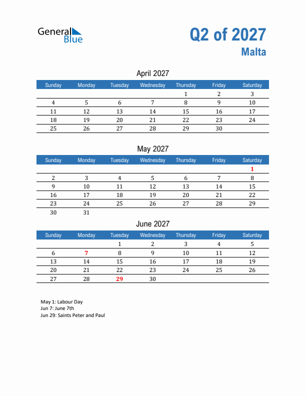 Malta Q2 2027 Quarterly Calendar with Sunday Start