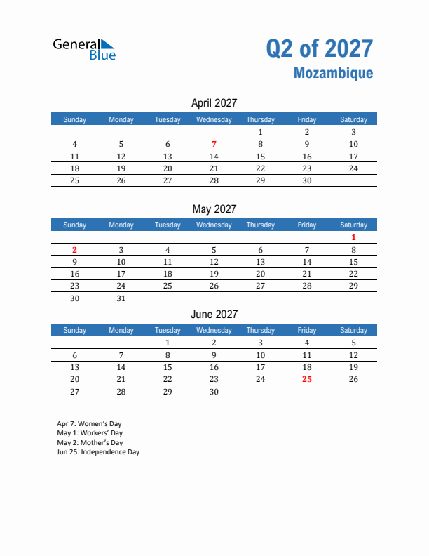 Mozambique Q2 2027 Quarterly Calendar with Sunday Start