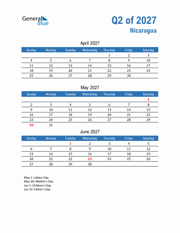 Nicaragua Q2 2027 Quarterly Calendar with Sunday Start