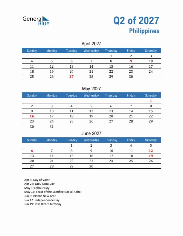 Philippines Q2 2027 Quarterly Calendar with Sunday Start