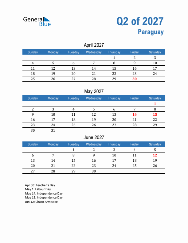 Paraguay Q2 2027 Quarterly Calendar with Sunday Start