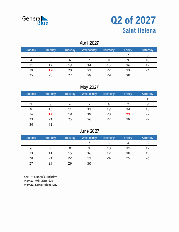 Saint Helena Q2 2027 Quarterly Calendar with Sunday Start