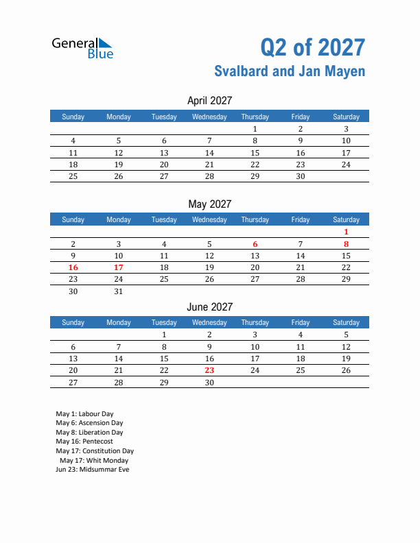 Svalbard and Jan Mayen Q2 2027 Quarterly Calendar with Sunday Start