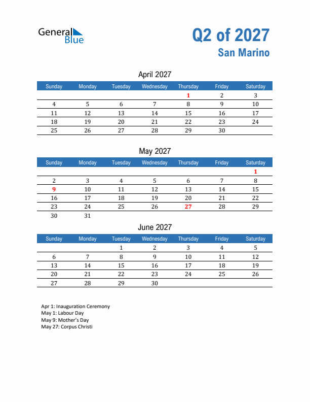 San Marino Q2 2027 Quarterly Calendar with Sunday Start