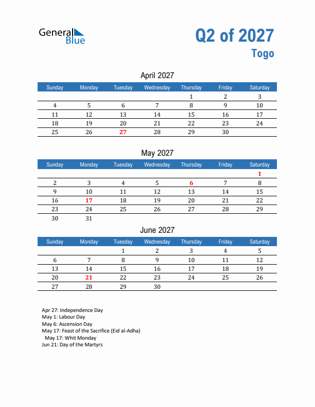 Togo Q2 2027 Quarterly Calendar with Sunday Start