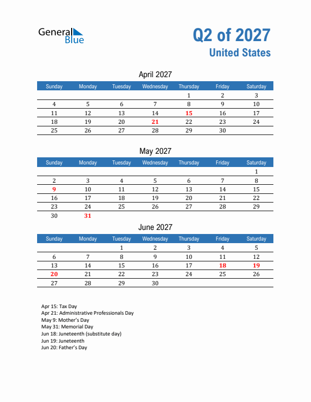 United States Q2 2027 Quarterly Calendar with Sunday Start