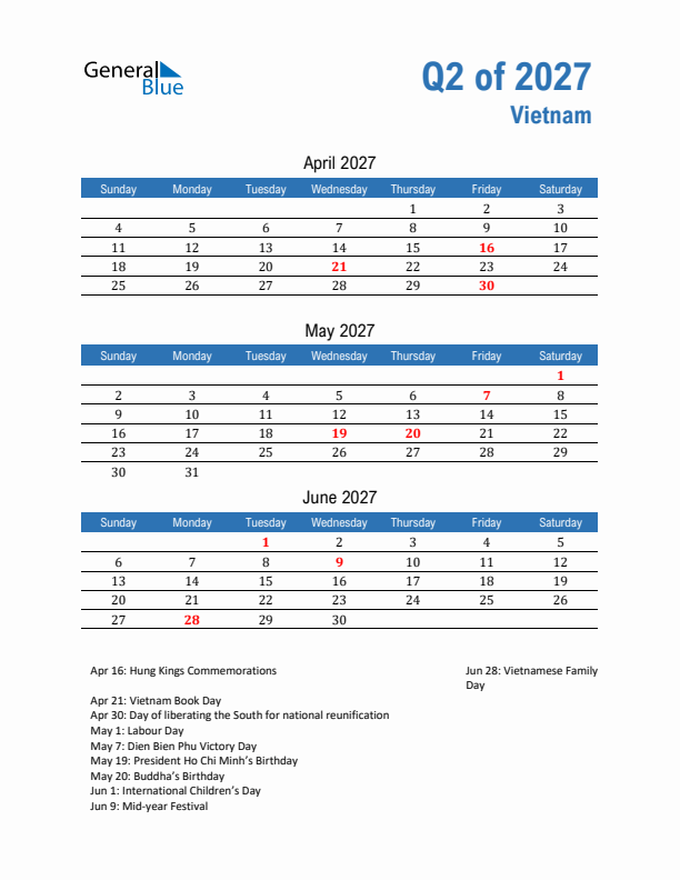 Vietnam Q2 2027 Quarterly Calendar with Sunday Start