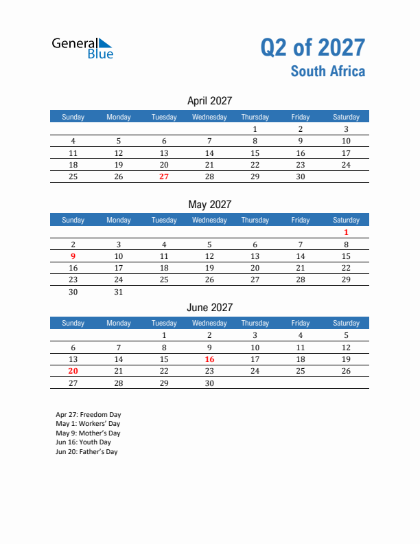 South Africa Q2 2027 Quarterly Calendar with Sunday Start