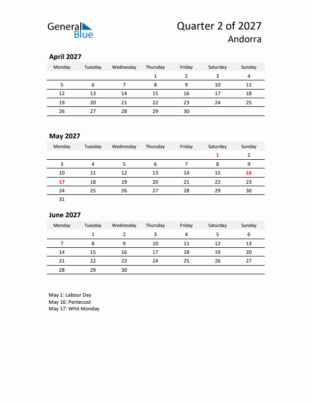 2027 Q2 Three-Month Calendar for Andorra