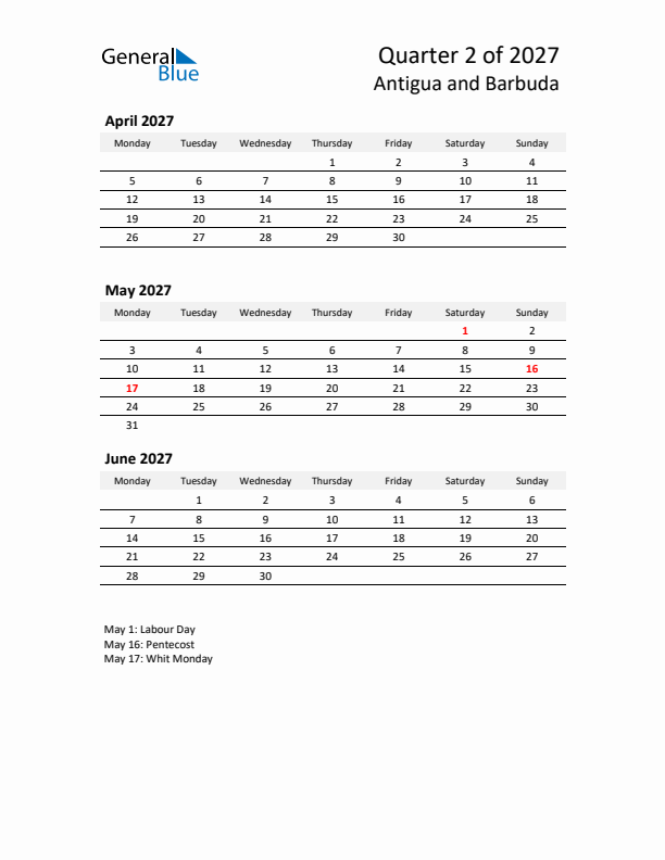 2027 Q2 Three-Month Calendar for Antigua and Barbuda