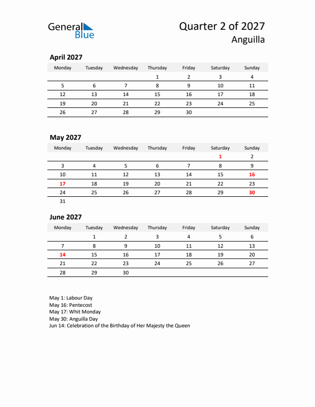 2027 Q2 Three-Month Calendar for Anguilla