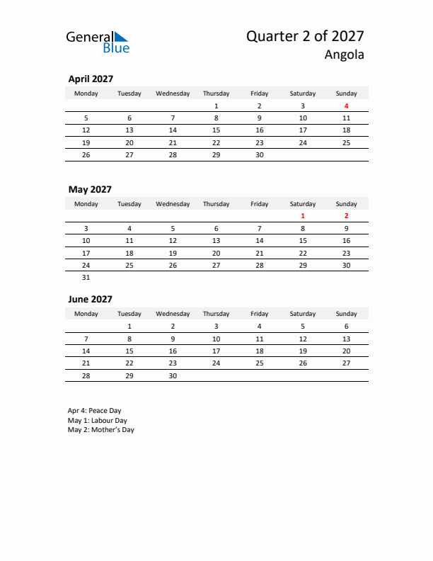 2027 Q2 Three-Month Calendar for Angola