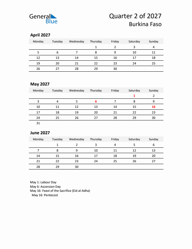 2027 Q2 Three-Month Calendar for Burkina Faso