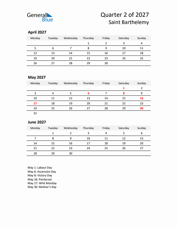 2027 Q2 Three-Month Calendar for Saint Barthelemy