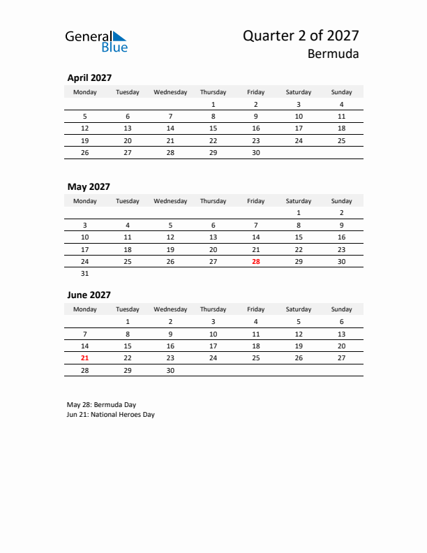 2027 Q2 Three-Month Calendar for Bermuda