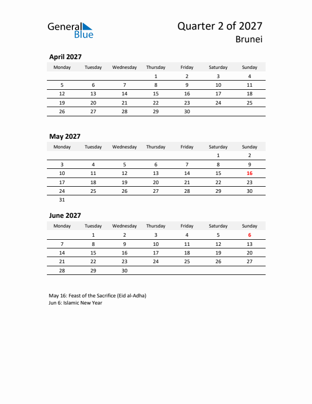 2027 Q2 Three-Month Calendar for Brunei