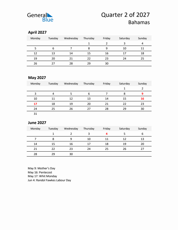 2027 Q2 Three-Month Calendar for Bahamas