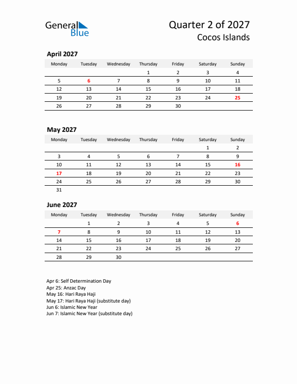 2027 Q2 Three-Month Calendar for Cocos Islands