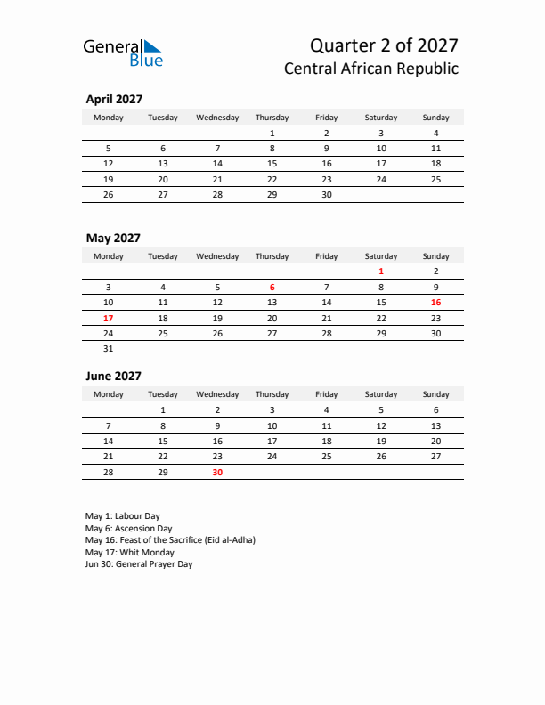 2027 Q2 Three-Month Calendar for Central African Republic