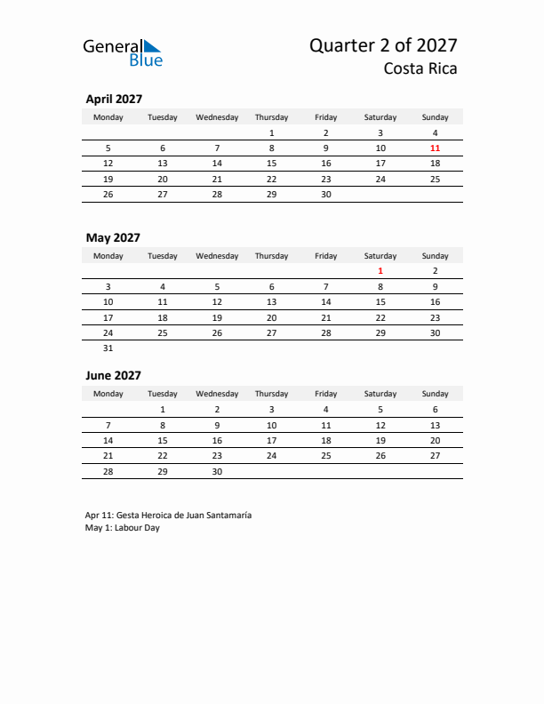 2027 Q2 Three-Month Calendar for Costa Rica