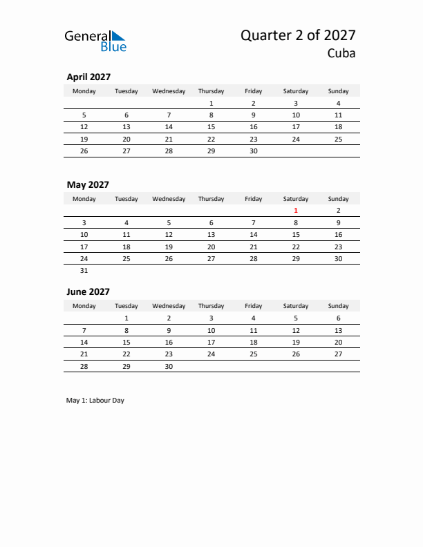 2027 Q2 Three-Month Calendar for Cuba