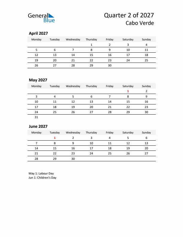 2027 Q2 Three-Month Calendar for Cabo Verde