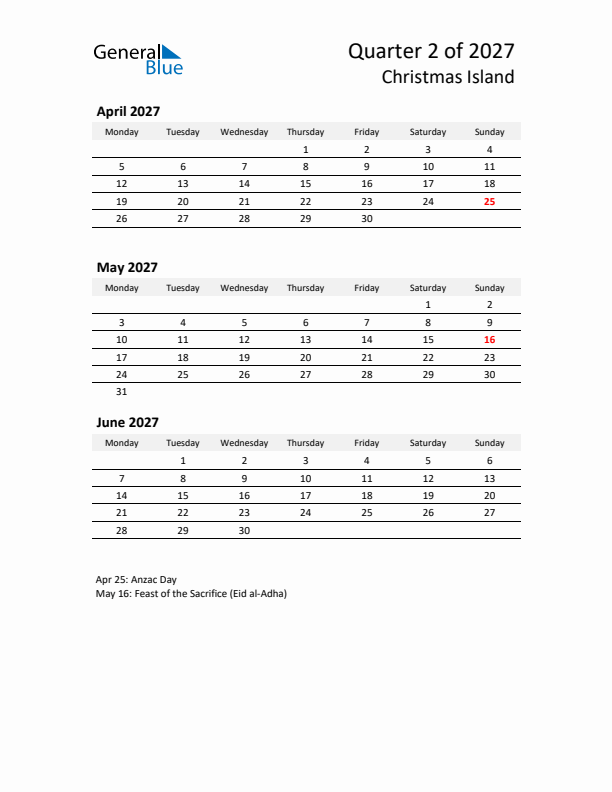 2027 Q2 Three-Month Calendar for Christmas Island