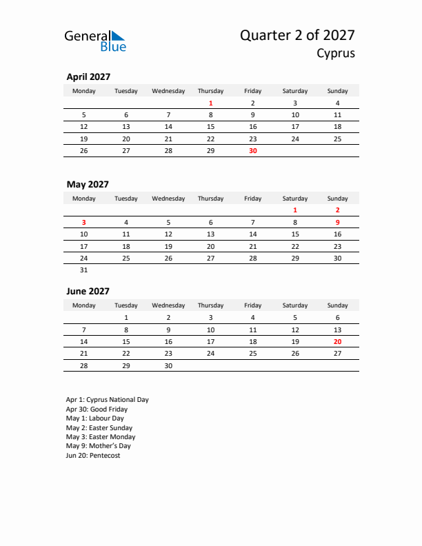 2027 Q2 Three-Month Calendar for Cyprus