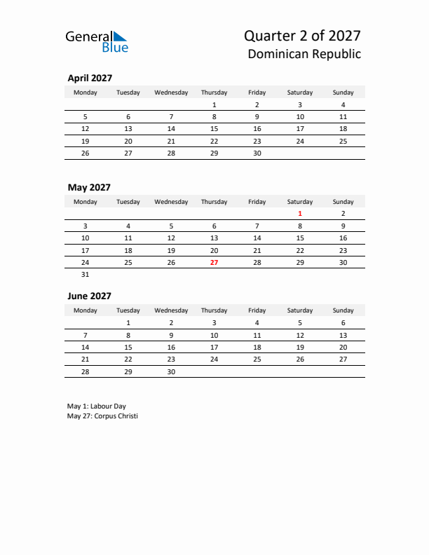 2027 Q2 Three-Month Calendar for Dominican Republic