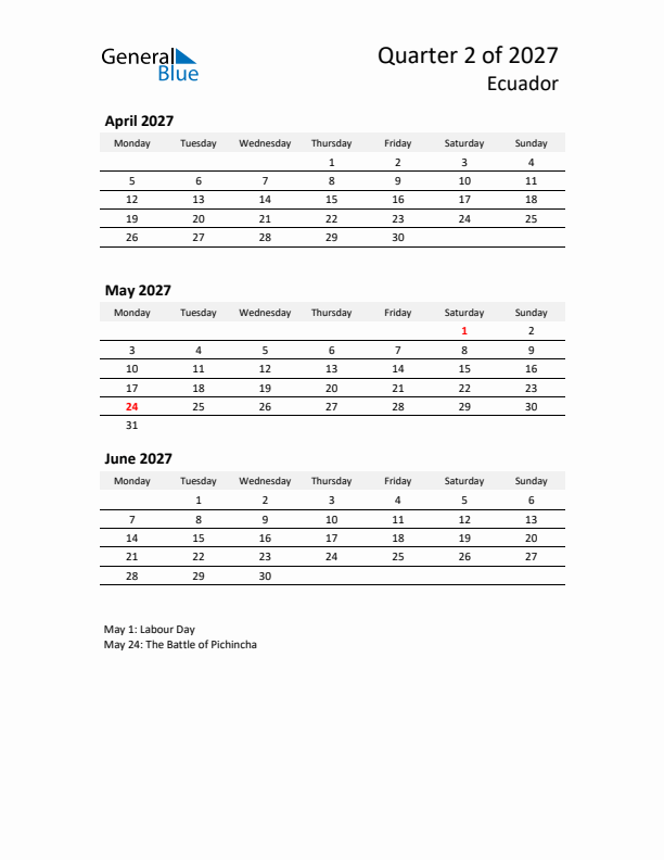 2027 Q2 Three-Month Calendar for Ecuador